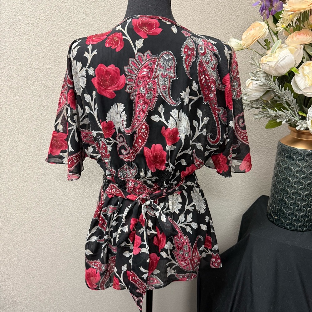 Apt. 9 Black Red Paisley Floral Beaded Waist Blouse L Dressy Boho Top - Picture 4 of 7